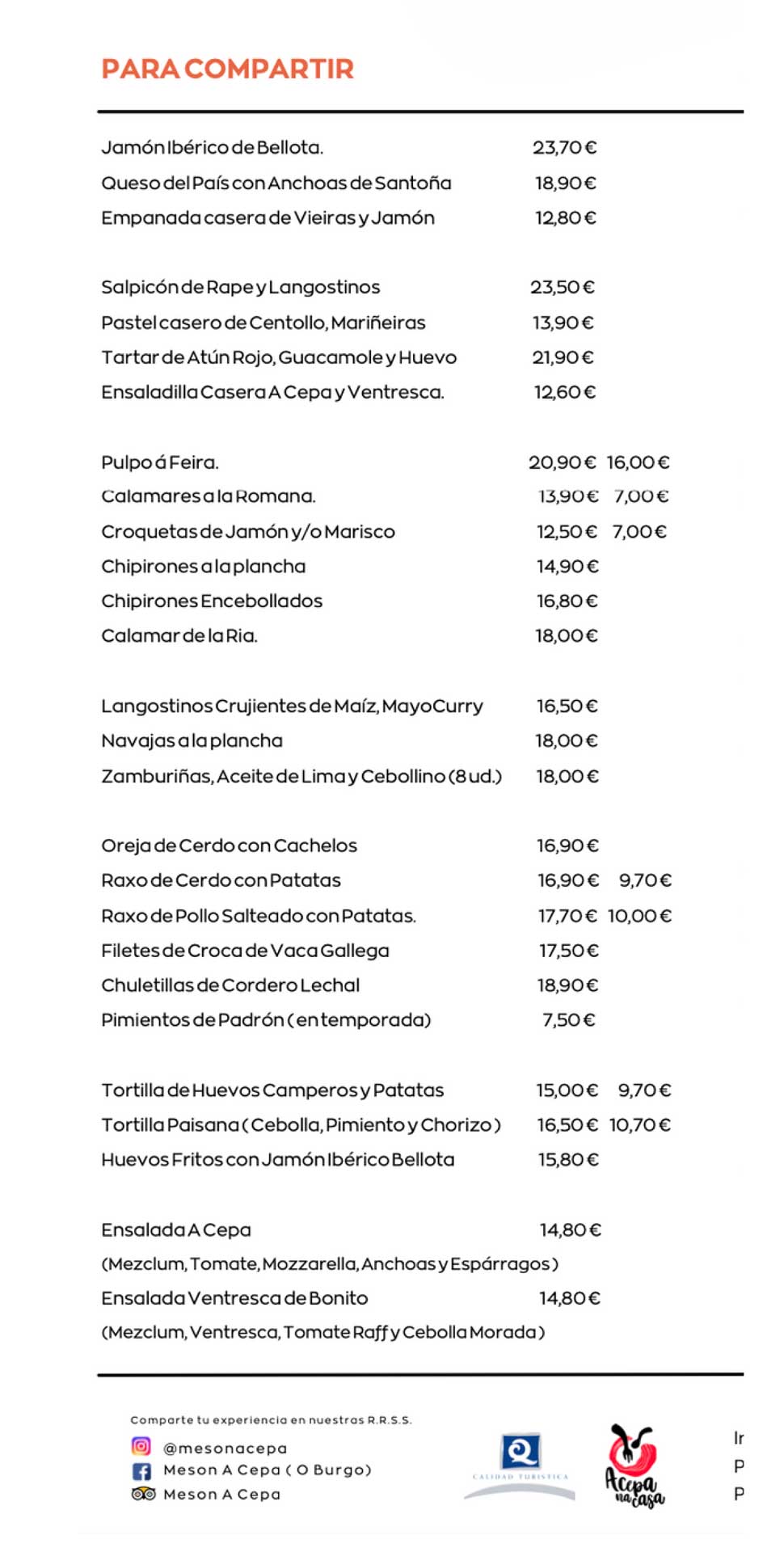 Carta de Mesón A Cepa en A Coruña